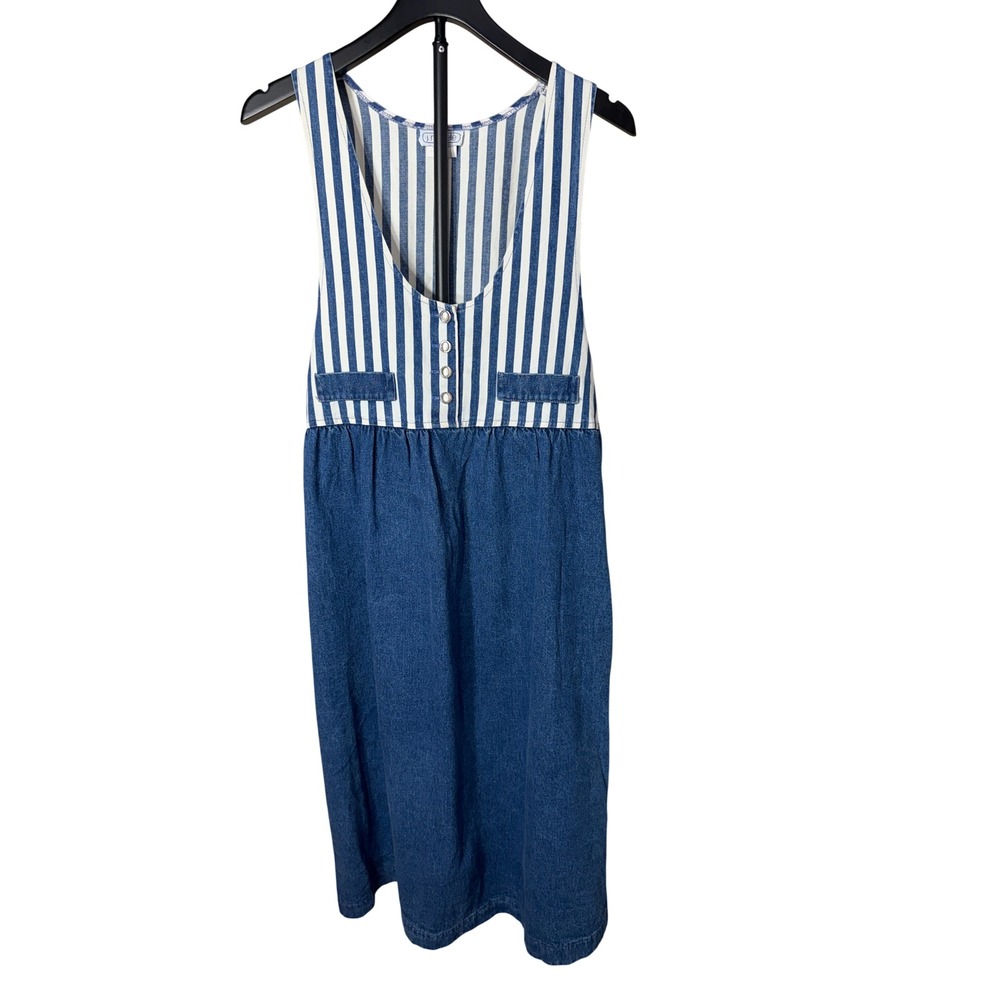 Vintage J Michelle California Striped Denim Pinafore Dress Blue White Size 8